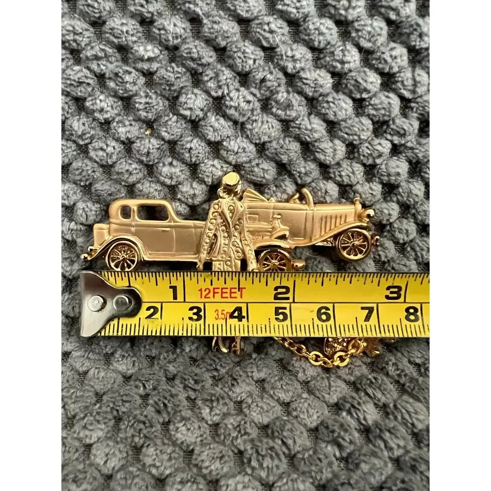 Vintage Gold Tone Flapper Girl Walking Terrier Dog with Antique Car Brooch Pin